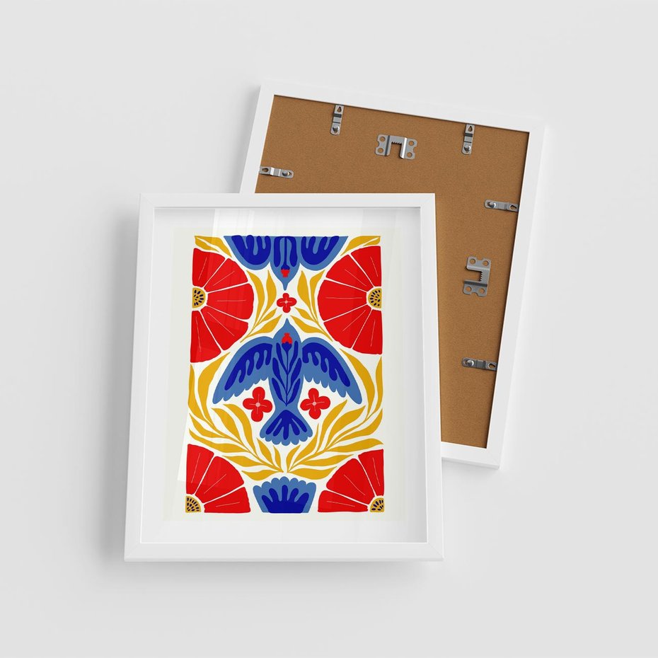 Plakat w ramie 40x50 - Eklektyczny Majestat - wyrazista grafika, mocne kolory czerwień niebieski żółty - rama biała