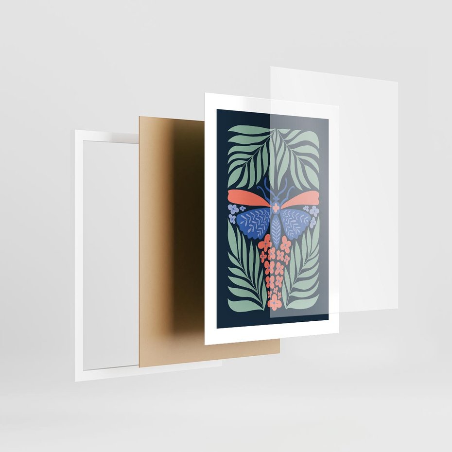 Plakat w ramie 30x40 - Granatowa Noc - granatowe tło, abstrajcyjna ćma - rama biała