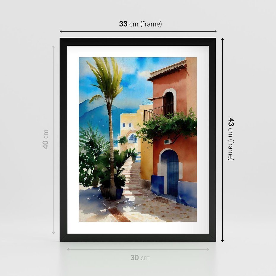 Plakat w ramie 30x40 - Spokój Miasta nad Morzem - akwarela, sródziemnomorski klimat - rama czarna