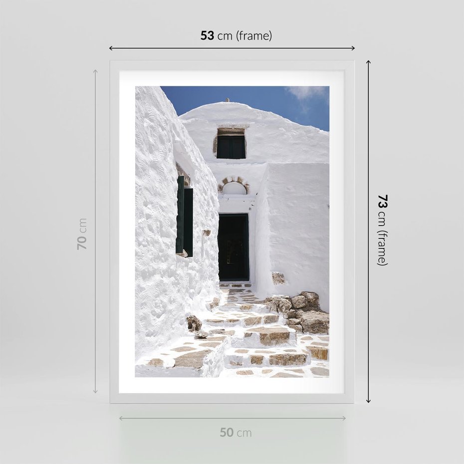 Plakat w ramie 50x70 - Santorini - Grecja błękitem malowana - Santorini, Grecja - rama biała
