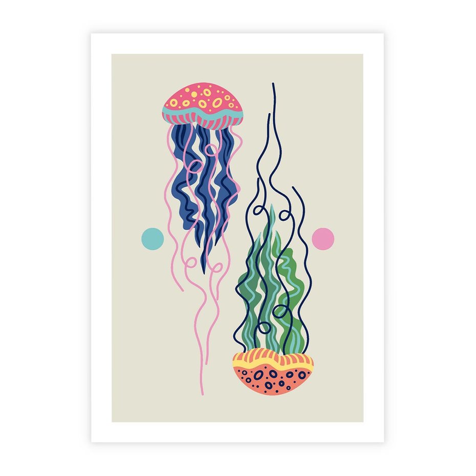 Plakat bez ramy 30x40 - Morskie Pulsacje - nowoczesny optymistyczny plakat, kolorowe meduzy
