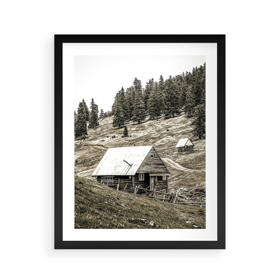 Plakat w ramie 40x50 - Ustronne Chatki w Górach - rustykalne domki w górach, sepia - rama czarna