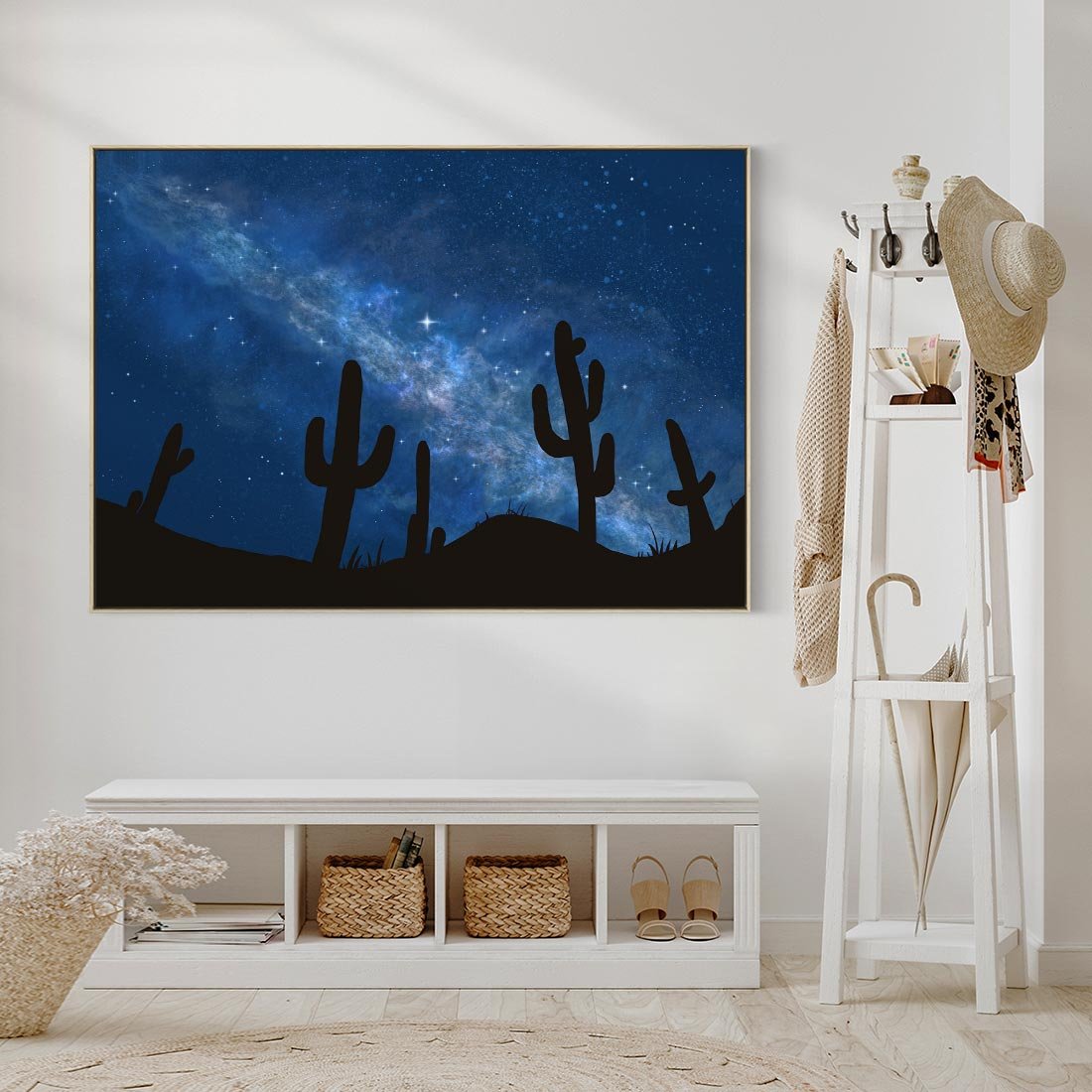 Obraz w ramie 120x80 - Nocne Tajemnice Pustyni - gwieździsta noc, granatowe niebo - rama drewno