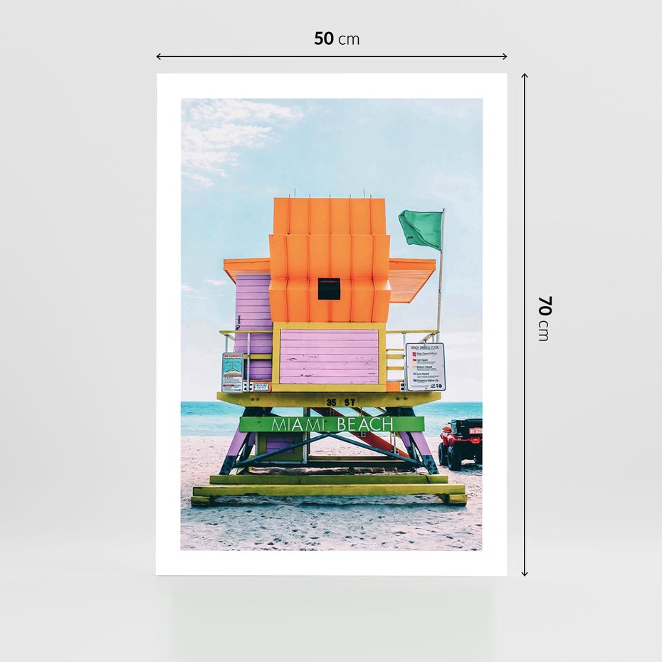Plakat bez ramy 50x70 - Plaża Miami w Słoneczny Dzień - domek ratownika, kolorowy