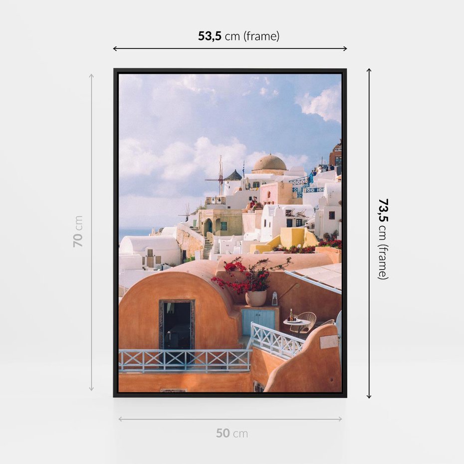 Obraz w ramie 50x70 - Błękit Morza i Białe Domki - Santorini, wyspa - rama czarna
