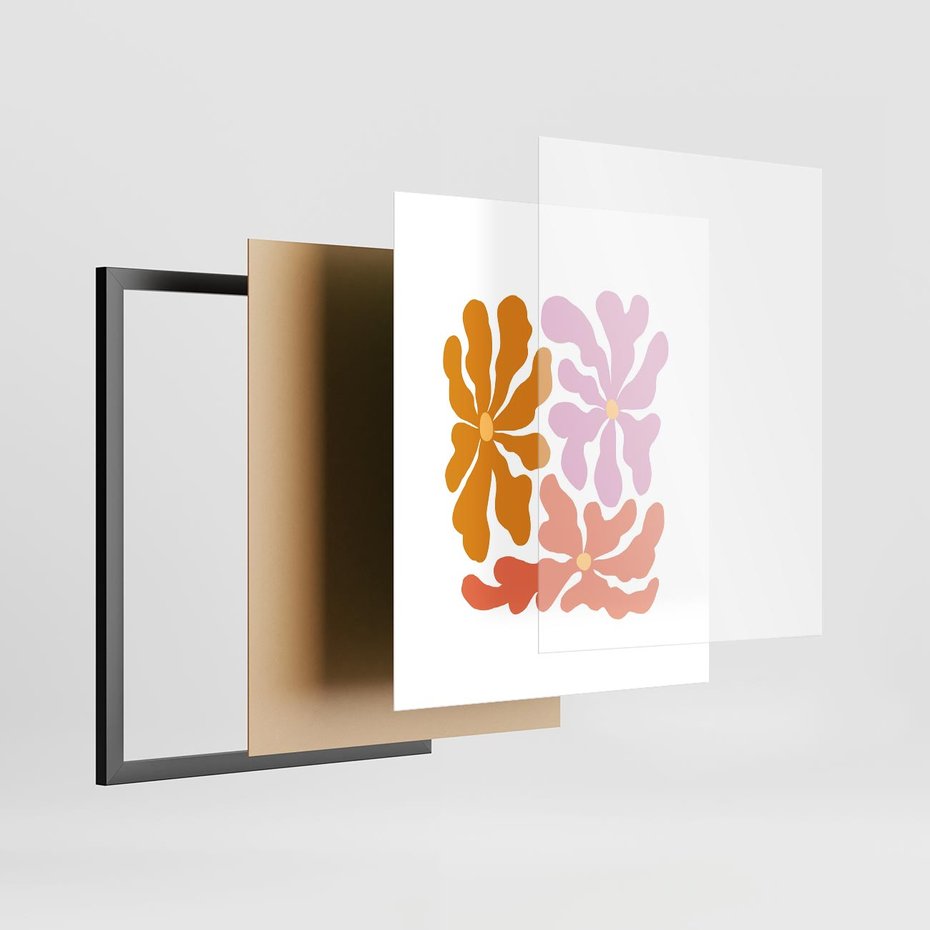 Plakat w ramie 40x50 - Rozbijające Refleksje - abstrakcyjne kolorowe kwiaty, minimlizm - rama czarna