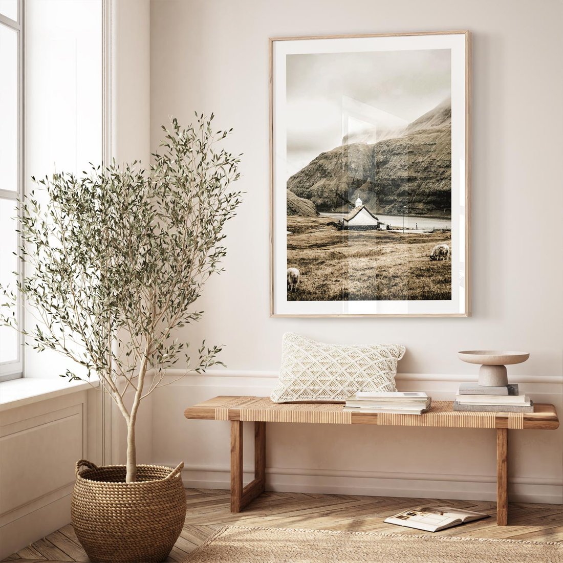 Plakat w ramie 40x50 - Kościół na Wzgórzu: Sepia Nostalgii - kościół w górach, na wzgórzu - rama drewno