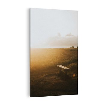 Obraz na płótnie 50x70 - Mglisty zachód słońca na ławeczce - mgła, zachód