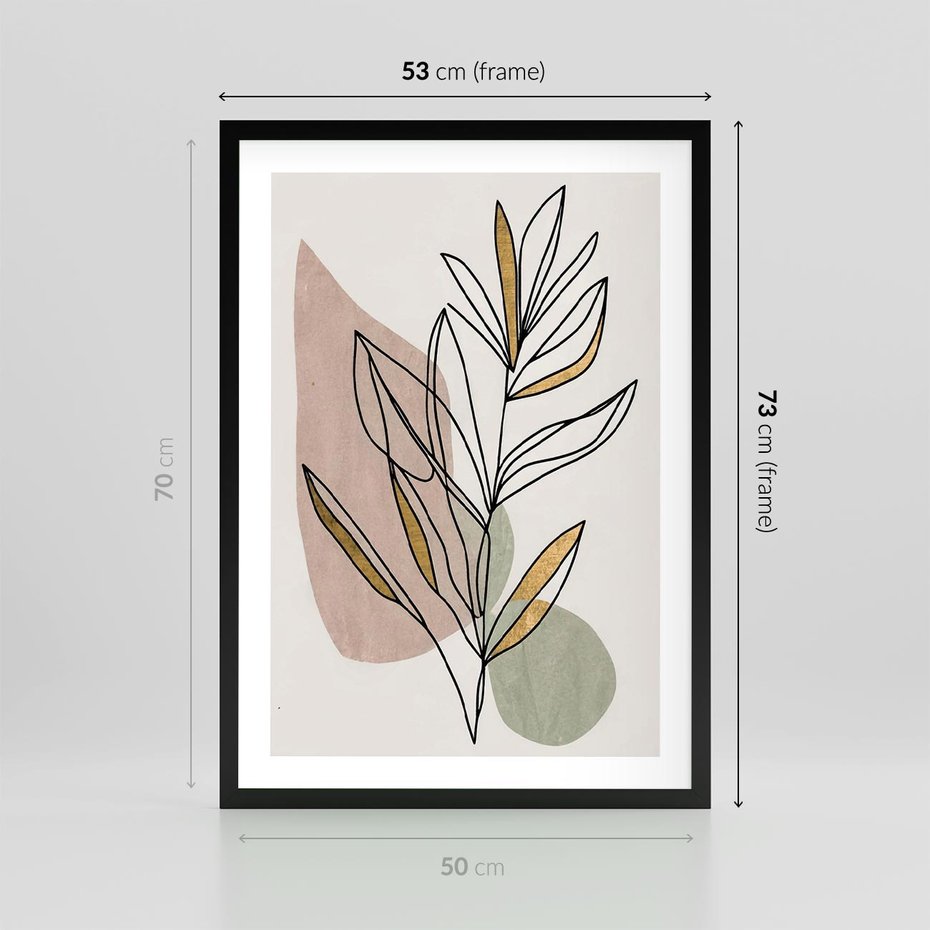 Plakat w ramie 50x70 - Impulsy Subtelnej Harmonii - abstrakcyjny obraz boho, liście - rama czarna