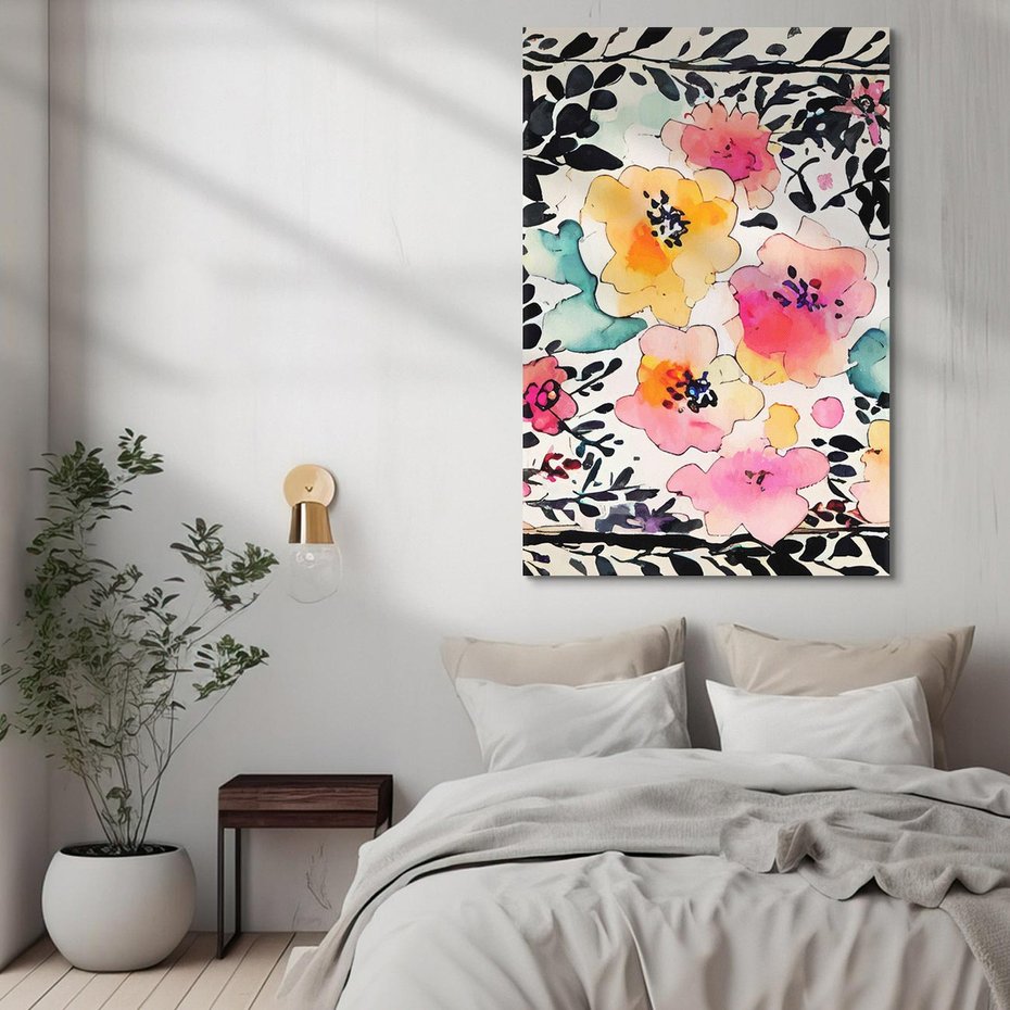 Obraz na płótnie 50x70 - Opowieść w kroplach farb - akwarelowe kwiaty, mocna ornamentowa czarna ramka namalowana dookoła obrazu