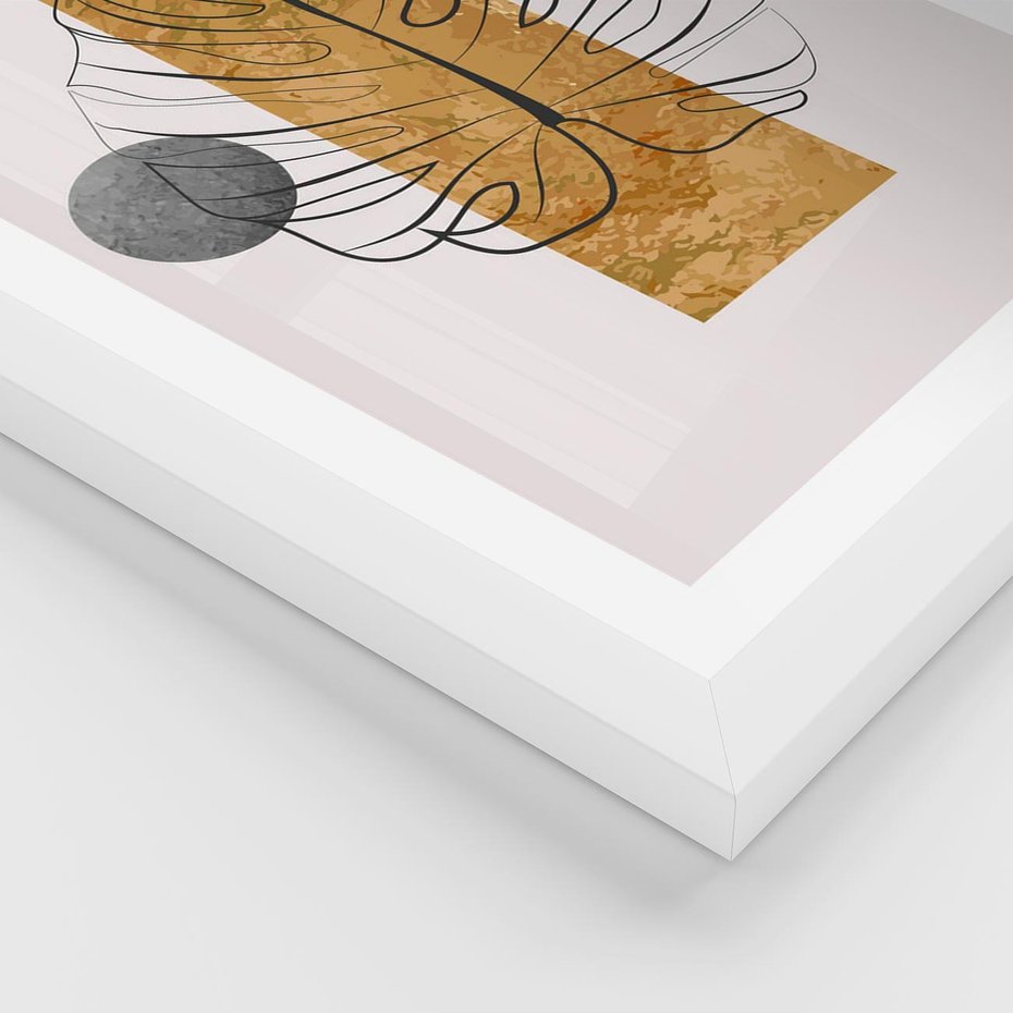 Plakat w ramie 50x70 - Minimalistyczna Monstera: Złoty Prostokąt - liść monstery, minimalizm - rama biała