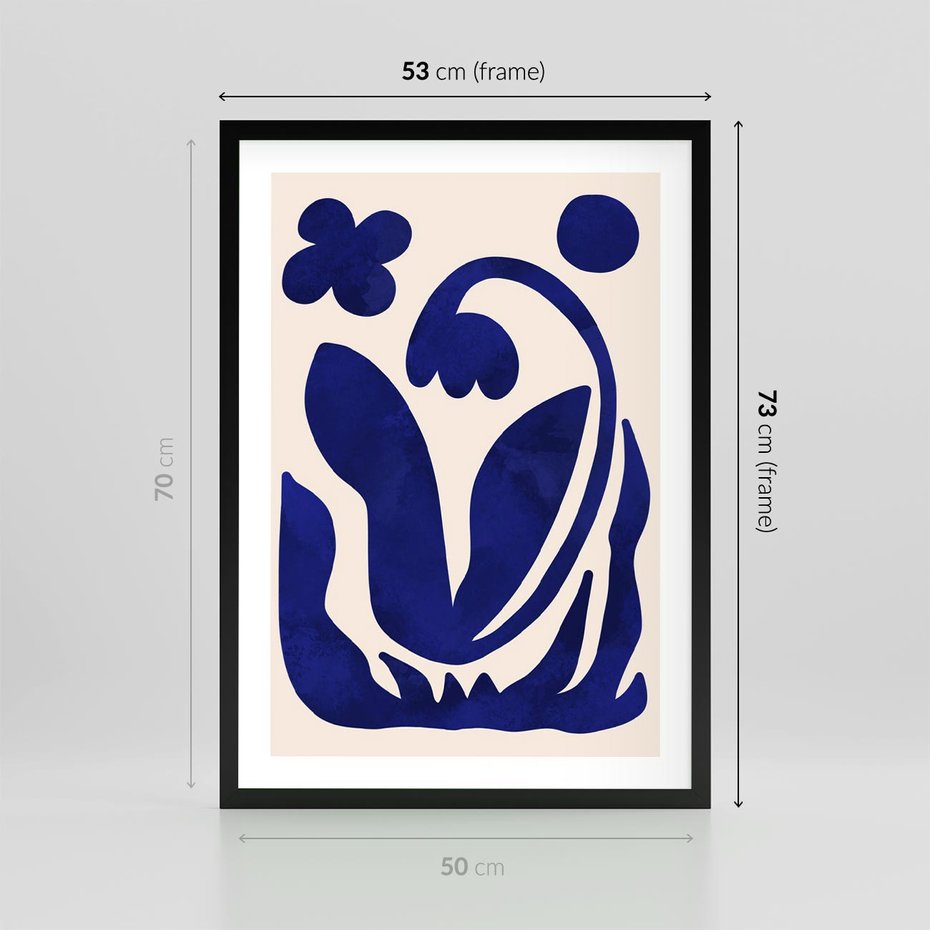 Plakat w ramie 50x70 - Bezgraniczne Echa Serca - abstrakcyjny obraz plakat, dziwne niebieskie kształty przypominają kwiat - rama czarna