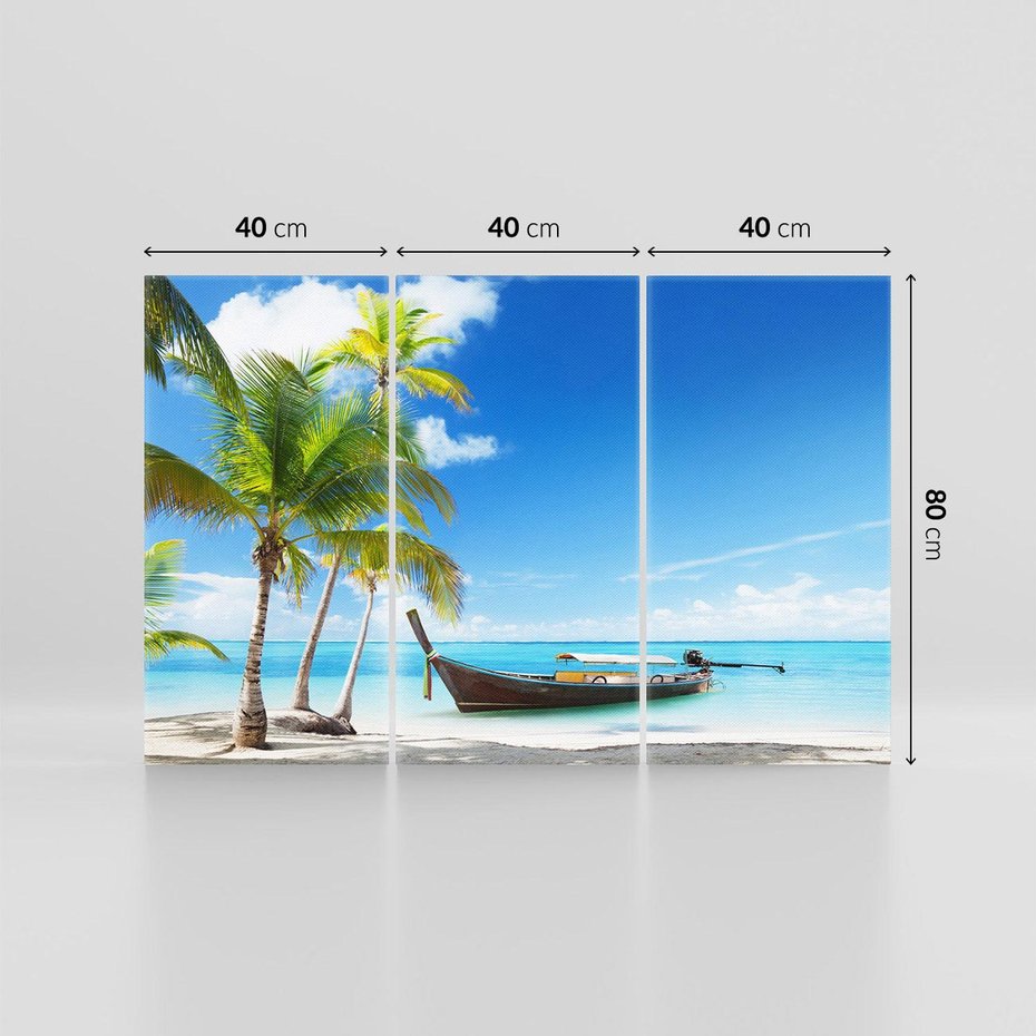 Obraz na płótnie 120x80 - Sielska plaża z łodzią na morzu - plaża, morze