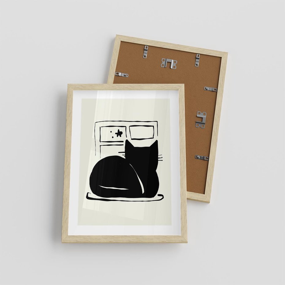 Plakat w ramie 30x40 - Czarny Kot: Prosta Elegancja - grafika, minimalizm - rama drewno