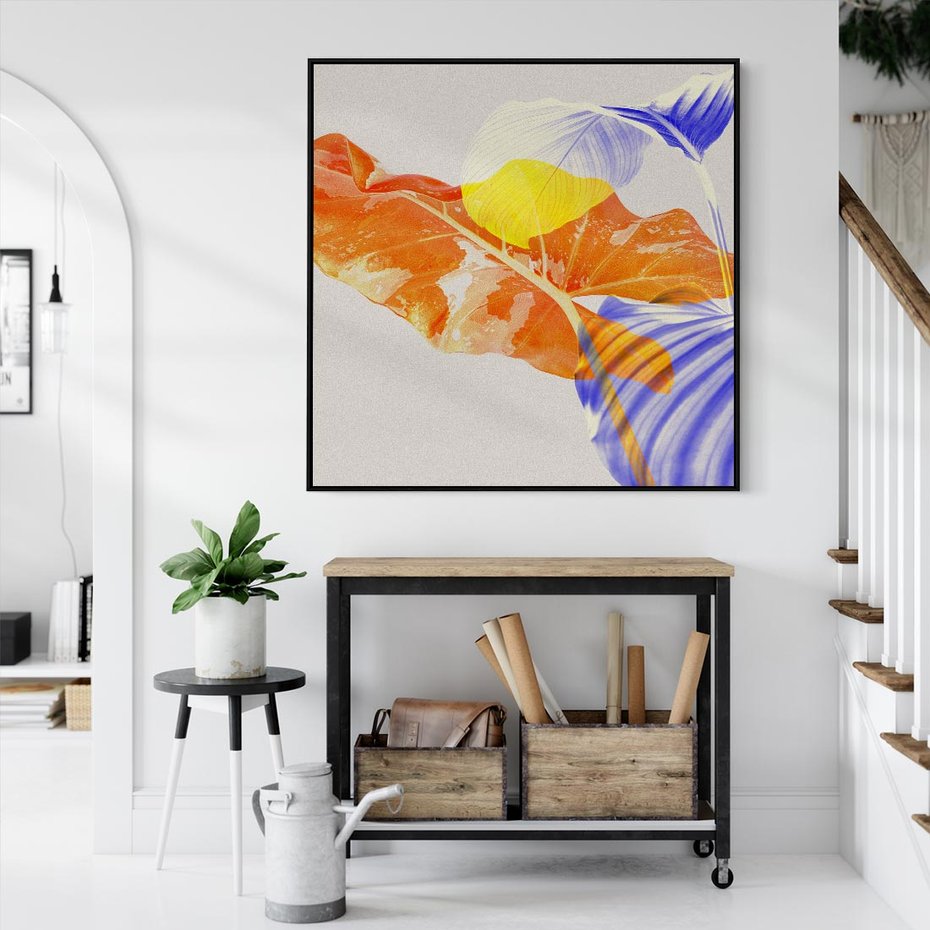 Obraz w ramie 50x50 - Energetyczne Indygo - retro, tropikalne liście - rama czarna