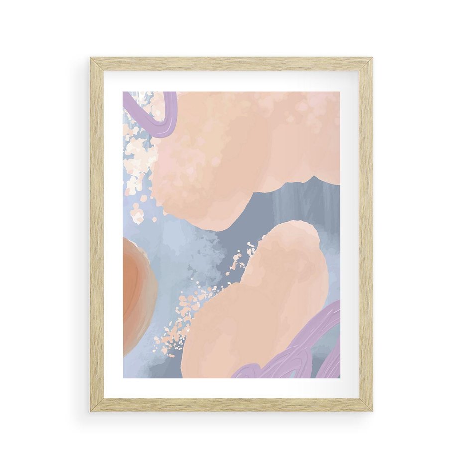 Plakat w ramie 40x50 - Przenikanie Niecodziennych Form - abstrakcyjne akwarelowe plamy, pastele - rama drewno