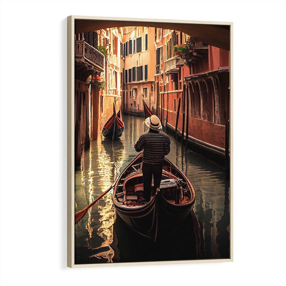 Obraz w ramie 80x120 - Spokojna Wenecja - gondolier w gondoli, kanały Wenecji - rama drewno