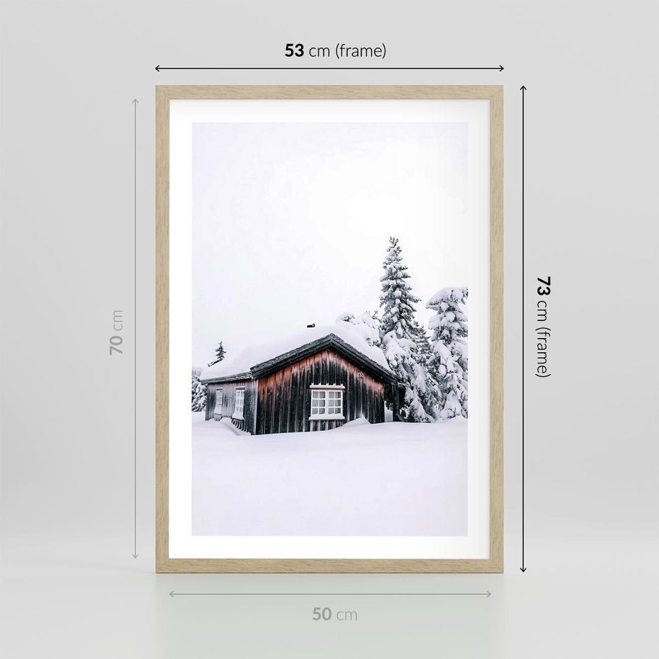 Plakat w ramie 50x70 - Zimowy Azyl: Domek w Górach - domek w górach, śnieg - rama drewno