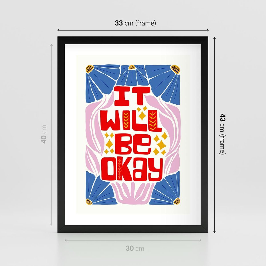 Plakat w ramie 30x40 - Kwiatowa Ekstaza - czerwona pozytywna typografia, kwiatowa kompozycja - rama czarna