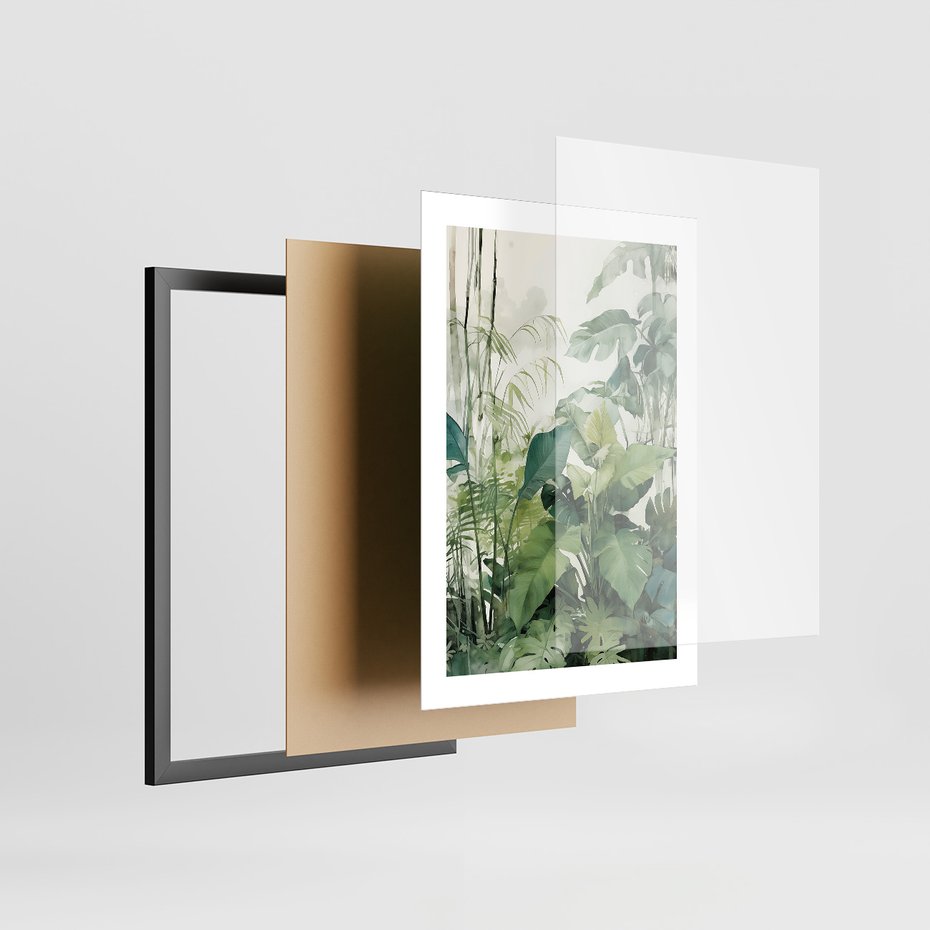 Zestaw obrazy w ramie 50x70 galeria - tropiki, liście, tygrys, papuga, dżungla - rama czarna