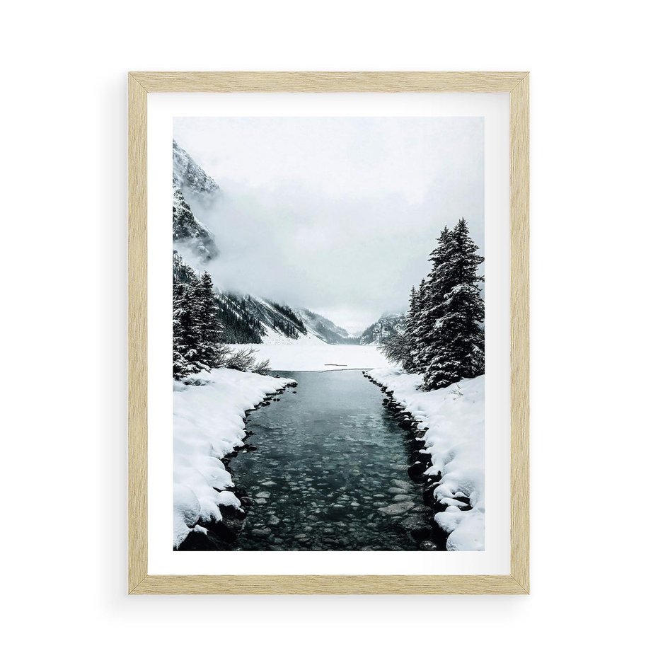 Plakat w ramie 50x70 - Zimowa Przyroda: Rzeka, Góry i Śnieg - zima, rzeka - rama drewno