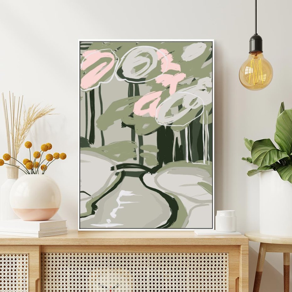 Obraz w ramie 80x120 - Leśny Zakątek - pastelowy krajobraz, nowoczesny plakat - rama biała