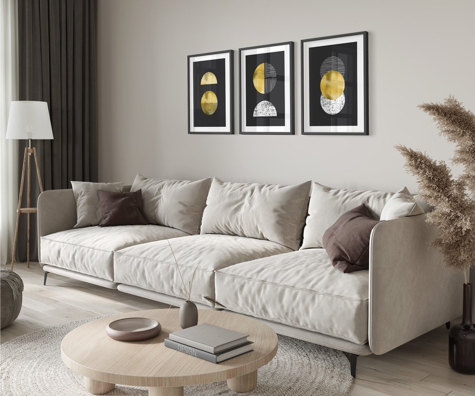 Zestaw obrazy w ramie 50x70 galeria - Złoto, minimalizm, geometryczne - rama czarna