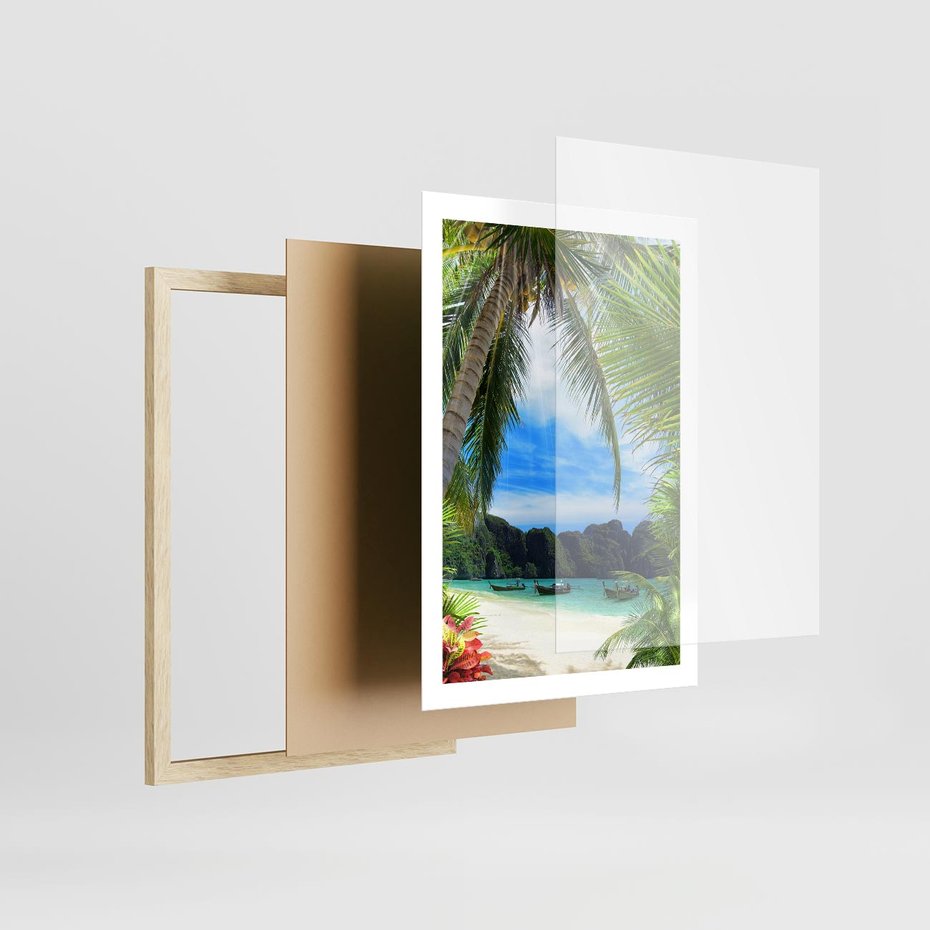 Plakat w ramie 50x70 - Palmy tańczące na tropikalnej plaży - palmy, plaża - rama drewno