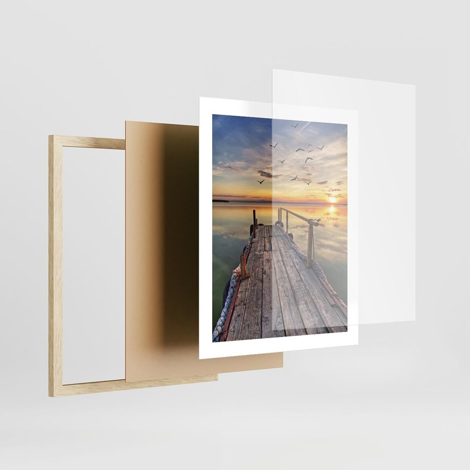 Plakat w ramie 40x50 - Spokojny pomost nad jeziorem - pomost, jezioro - rama drewno