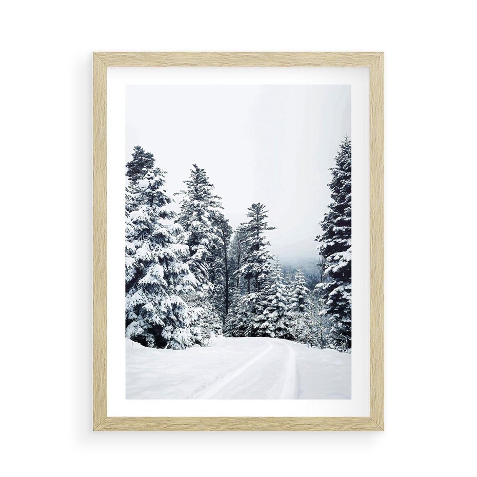 Plakat w ramie 50x70 - Zimowy Las Pod Kołdrą - las, zima - rama drewno