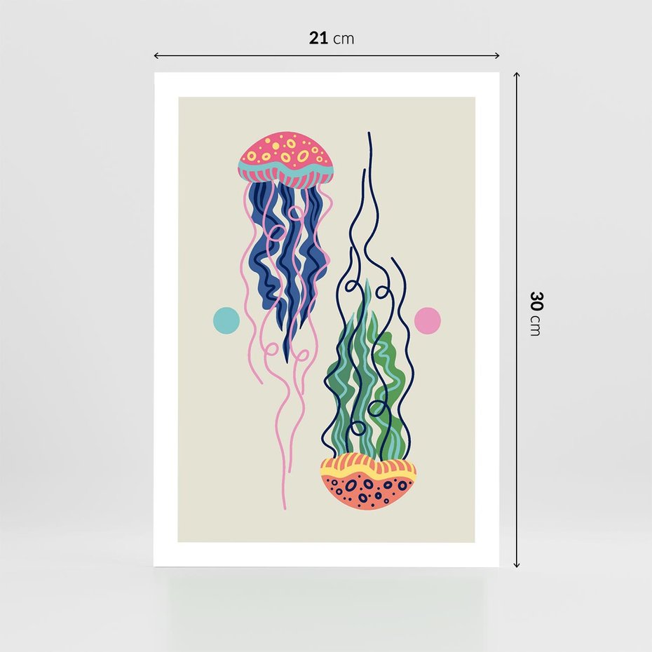 Plakat bez ramy 21x30 - Morskie Pulsacje - nowoczesny optymistyczny plakat, kolorowe meduzy