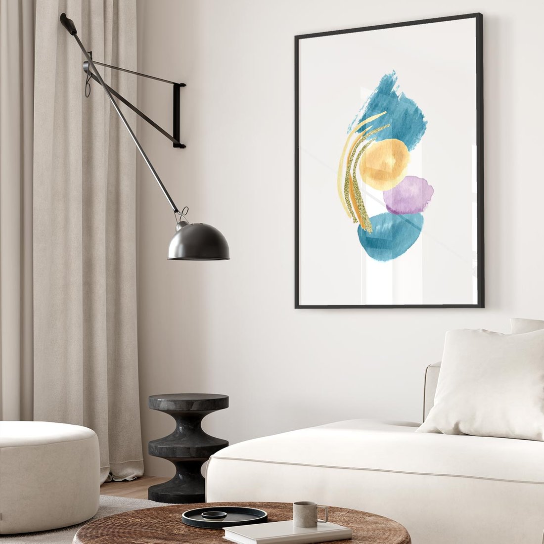 Plakat w ramie 40x50 - Migocące Barwy Akwarel - akwarelowe plamy w odcieniach błękitu, złote kreski - rama czarna