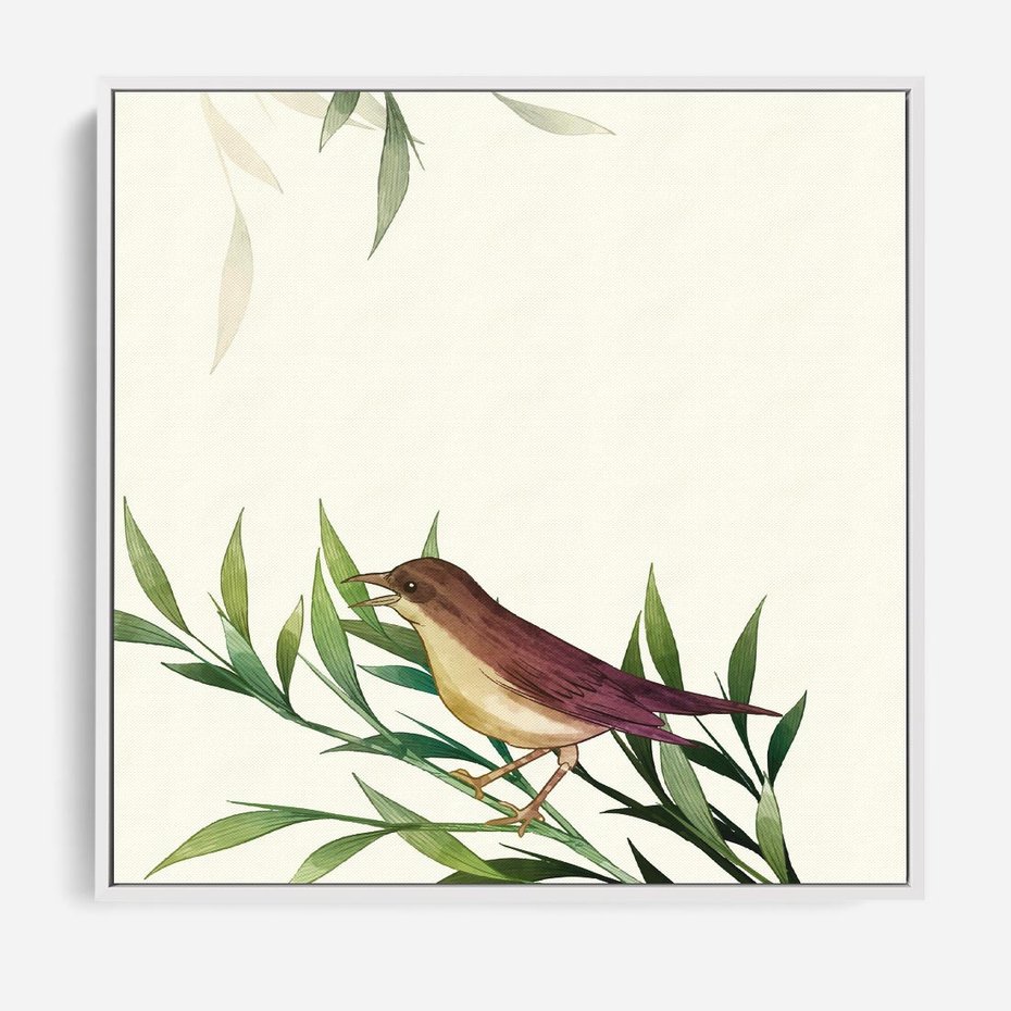 Obraz w ramie 80x80 - Roślinne Nastroje - japońska sztuka, ptak - rama biała