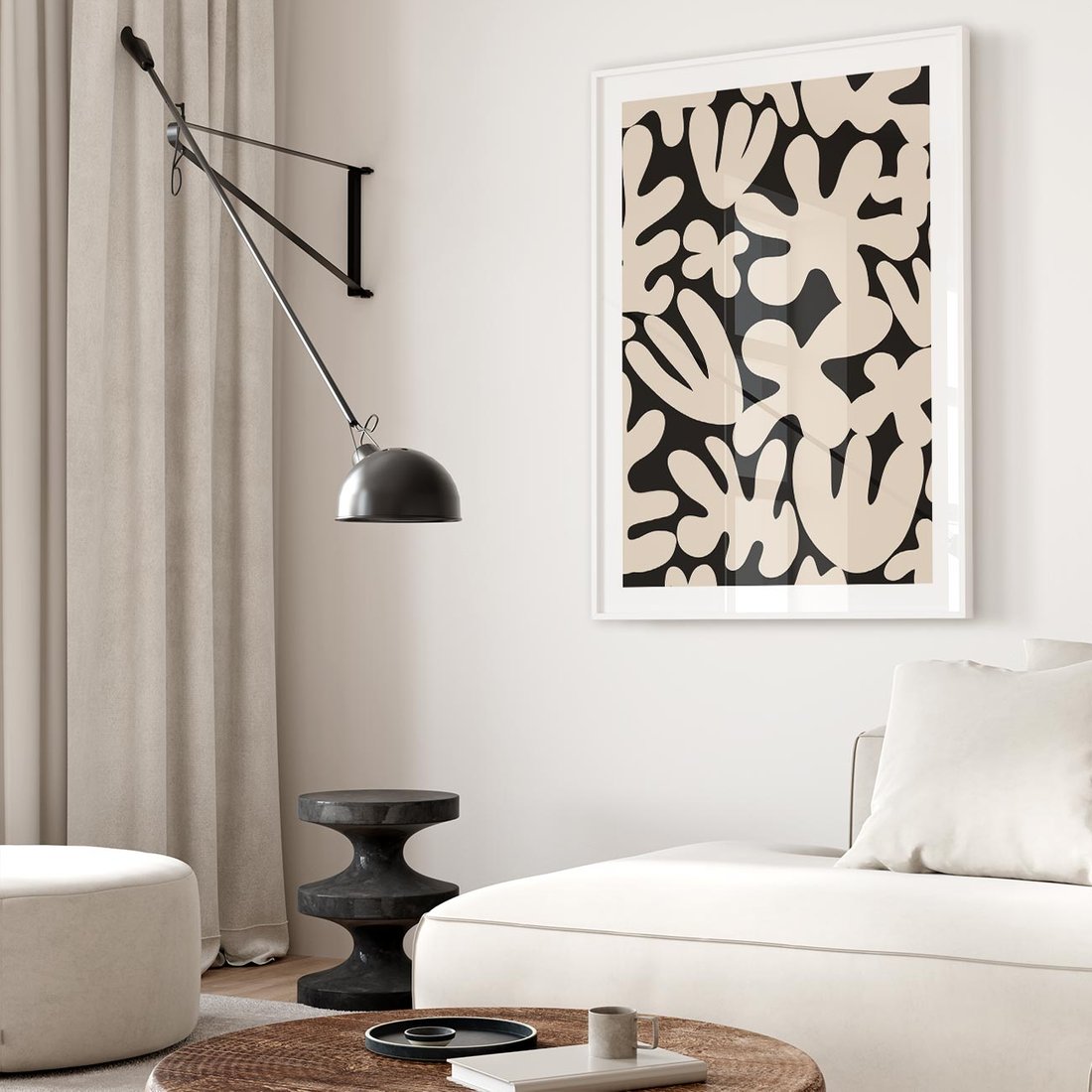 Plakat w ramie 30x40 - Księga Ukrytych Widoków - abstrakcyjne czarno białe formy, minimalizm - rama biała