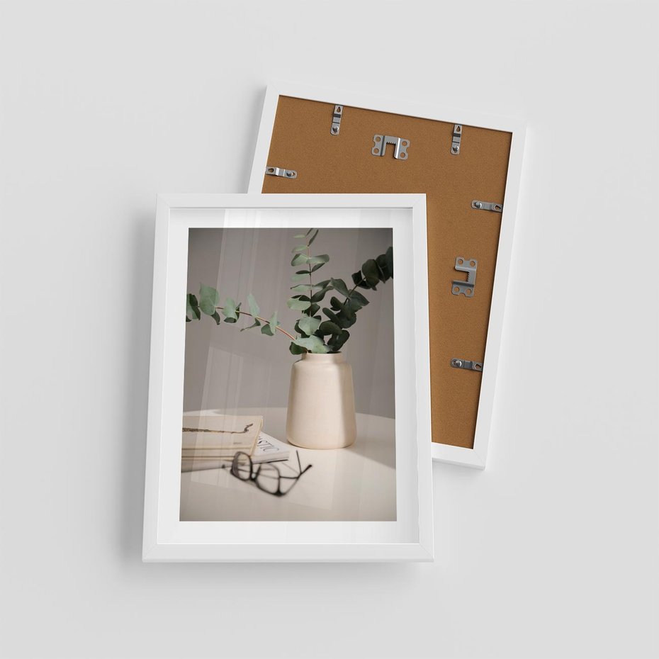 Plakat w ramie 30x40 - Eukaliptusowe liście w okularach - liście, eukaliptus - rama biała