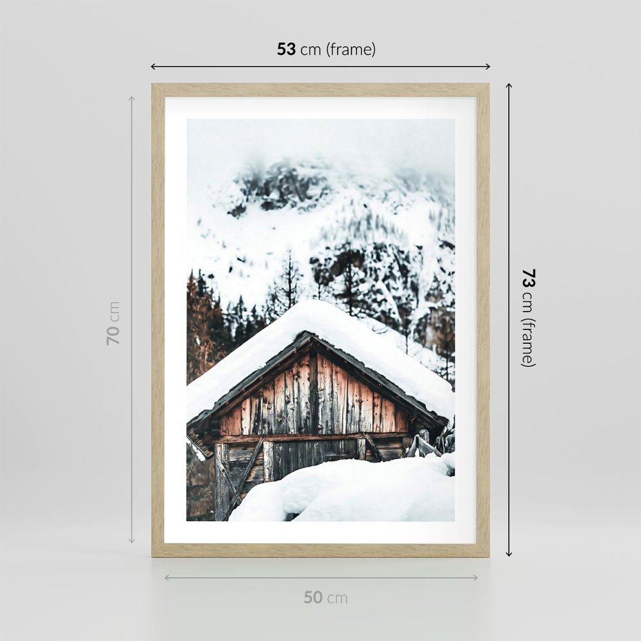 Plakat w ramie 50x70 - Domek w Górach w Białym Odcieniu - zima, domek w górach - rama drewno