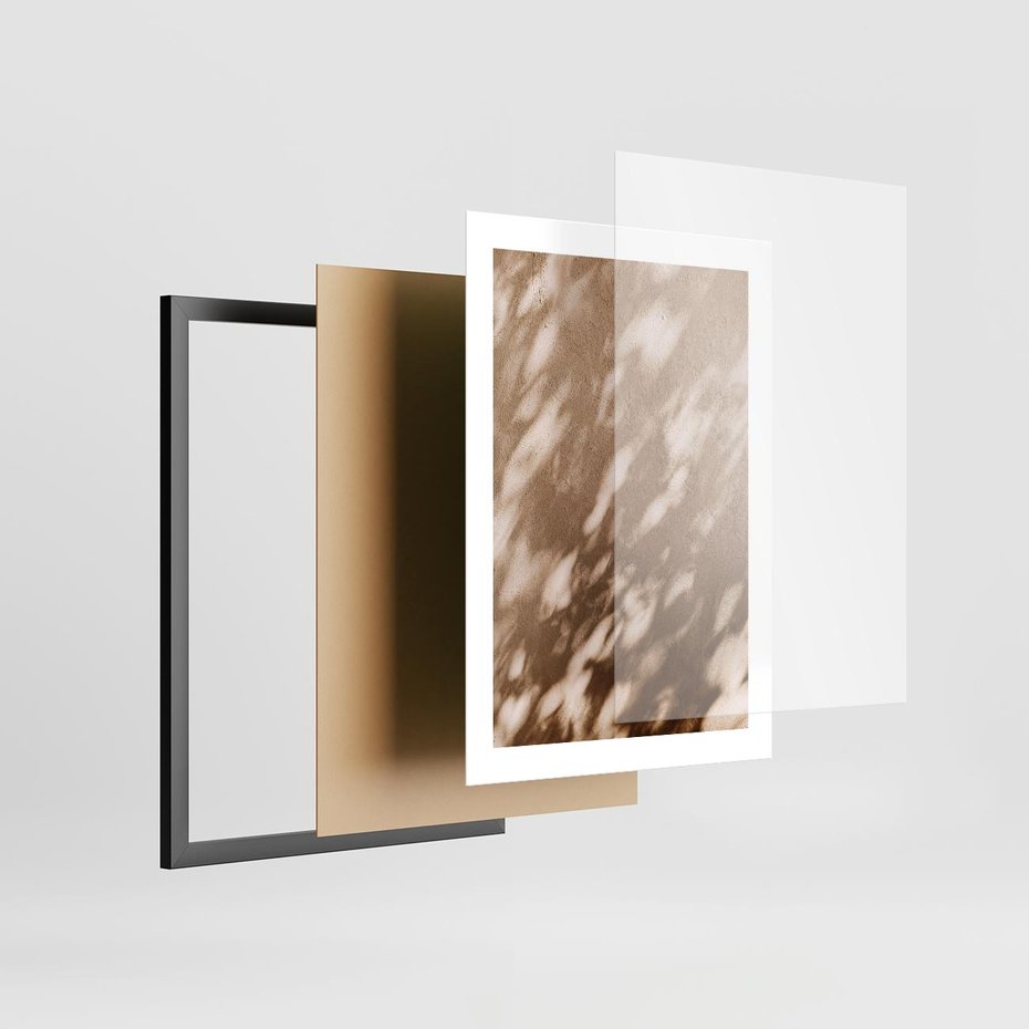 Plakat w ramie 30x40 - Abstrakcyjna Kompozycja: Cień na Ścianie - cień na ścianie, beżowe kolory - rama czarna