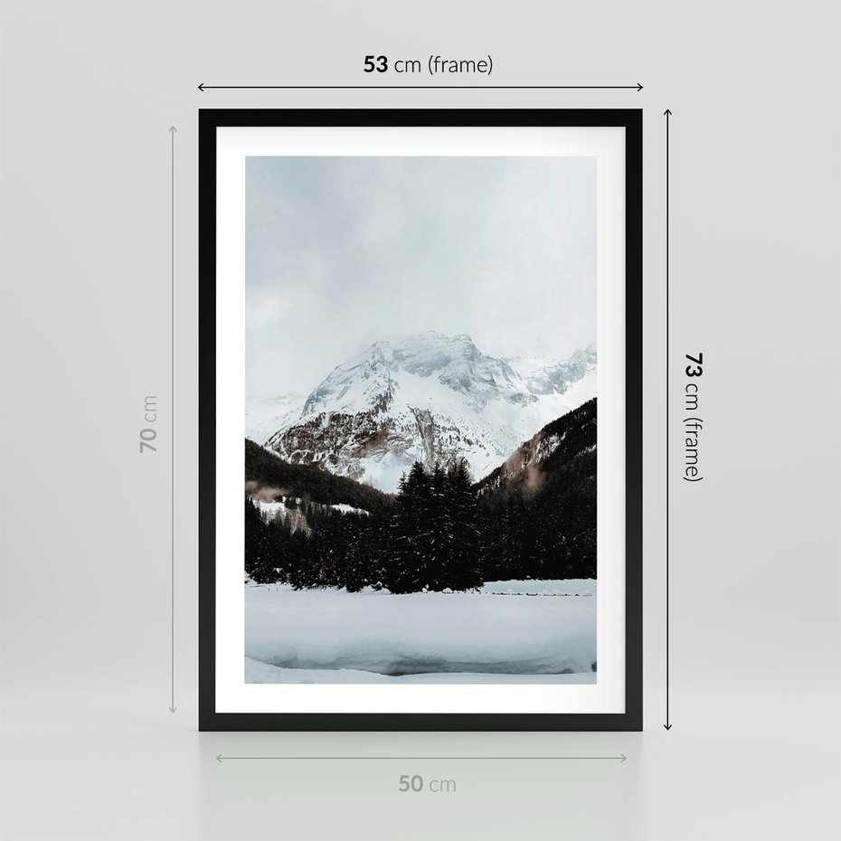 Plakat w ramie 50x70 - W Cieniu Śnieżnych Szczytów - górski krajobraz, zima - rama czarna