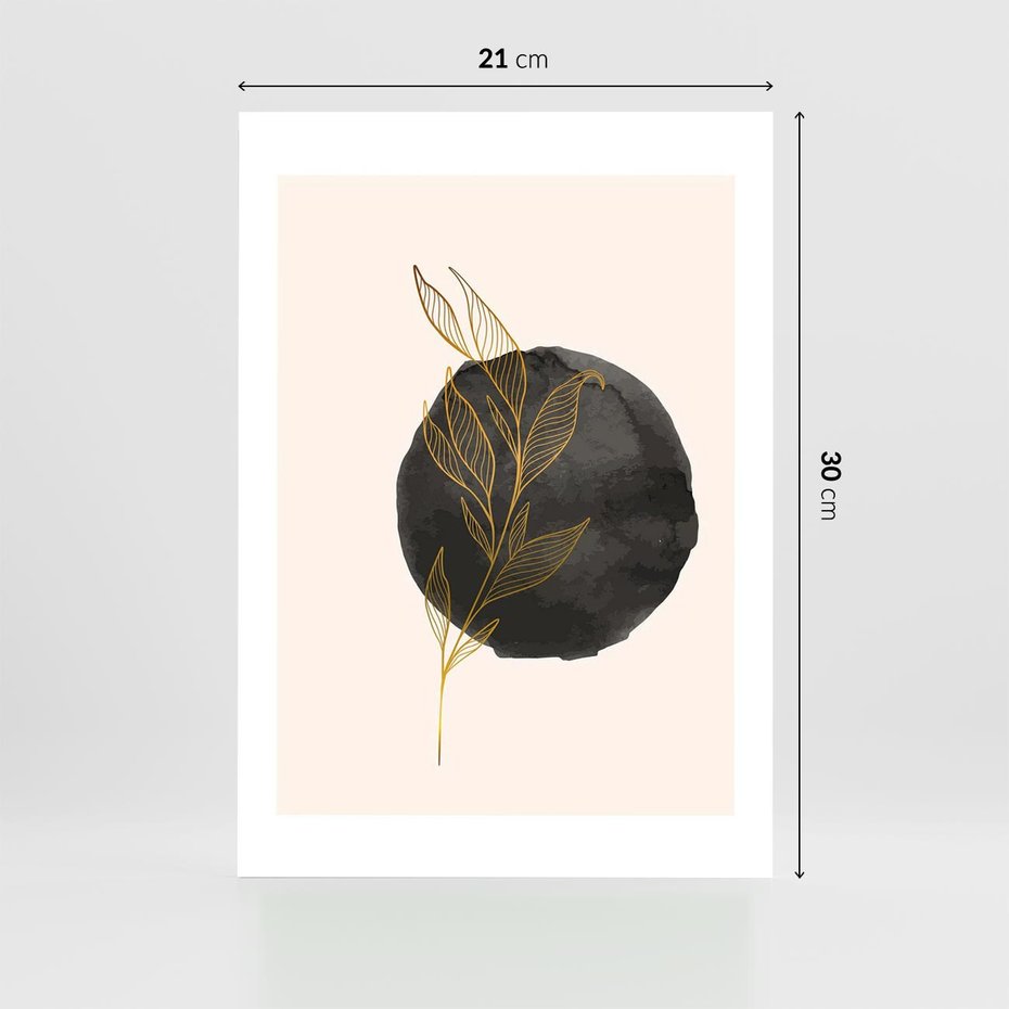 Plakat bez ramy 21x30 - Złota Gałązka na Tle Akwarelowej Ciemności - złota gałązka, czarna plama akwarelowa w tle