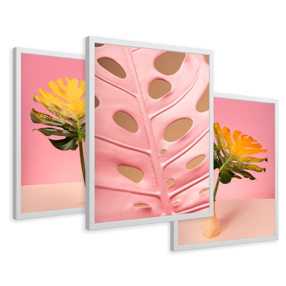 Zestaw obrazy w ramie 40x50 galeria - Monstera, liście, retro, pastele - rama biała