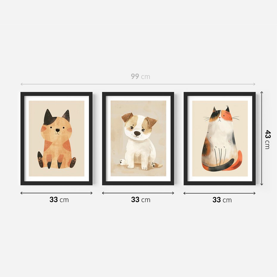 Zestaw obrazy w ramie 30x40 galeria - dla, dzieci, kot, pies, boho - rama czarna