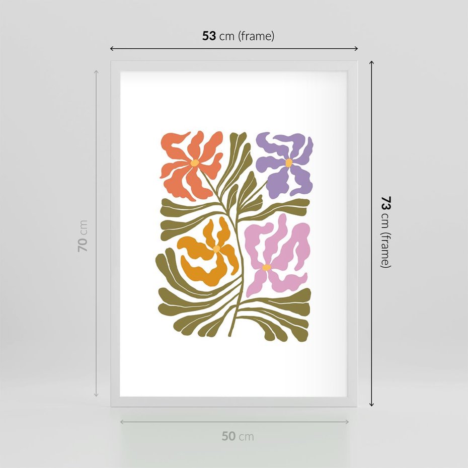 Plakat w ramie 50x70 - Rozplątane Wizje - abstrakcyjne kolorowe kwiaty, minimlizm - rama biała