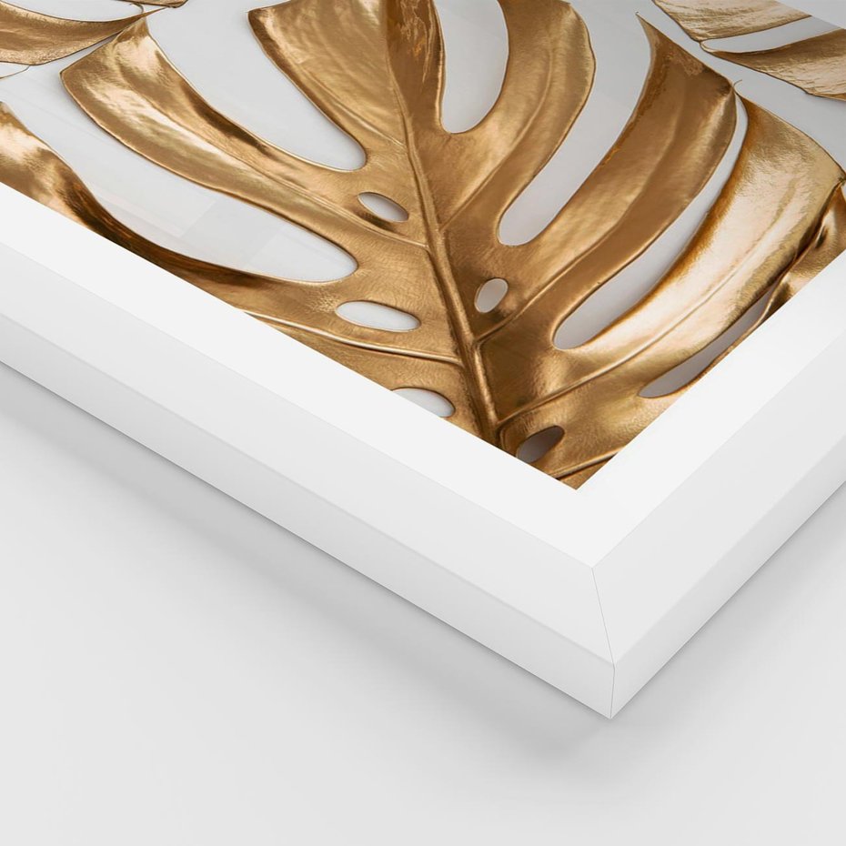 Plakat w ramie 30x40 - Złote Akcenty w Fotografii - złotel liście monstery, na białym tle - rama biała