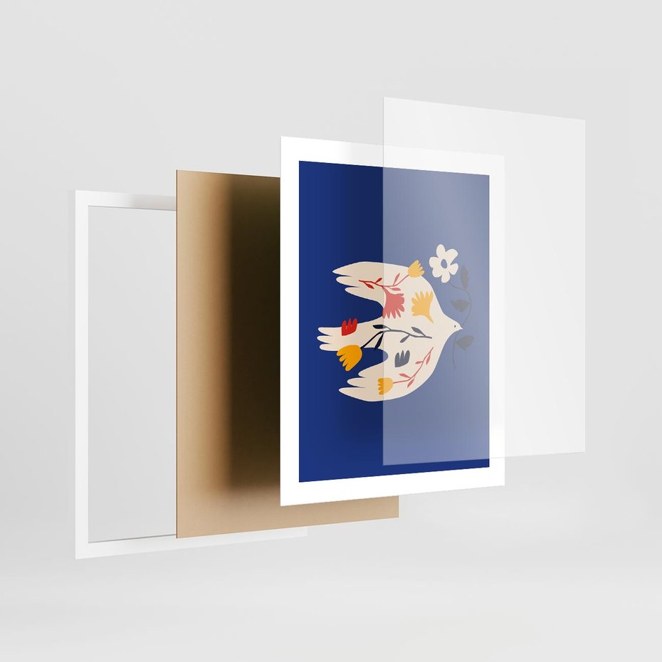 Plakat w ramie 40x50 - Bezczasowy Szept - niebieskie tło, abstrakcyjny biały ptak - rama biała