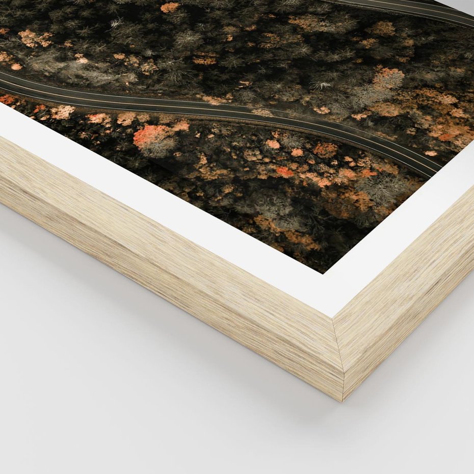 Plakat w ramie 50x70 - Las i Droga w Kolorach Jesieni - droga, ujęcie z góry - rama drewno