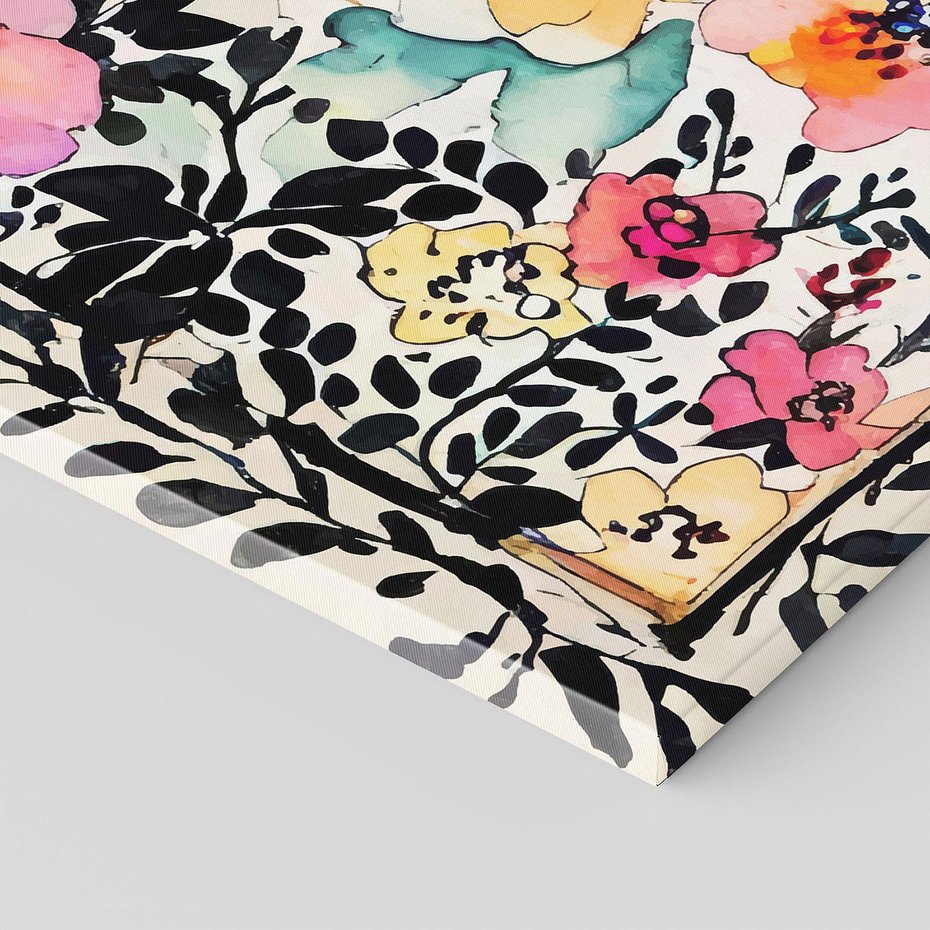 Obraz na płótnie 70x50 - Opowieść w kroplach farb - akwarelowe kwiaty, mocna ornamentowa czarna ramka namalowana dookoła obrazu