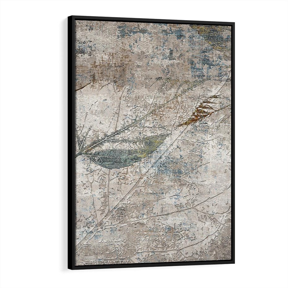 Obraz w ramie 70x100 - Betonowe Wspomnienia Liści - odciski w betonie, odbitki - rama czarna