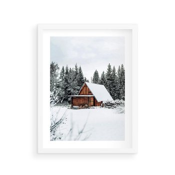 Plakat w ramie 30x40 - Ujęcie zimy w Górach - domek w górach w zimie, śnieg - rama biała