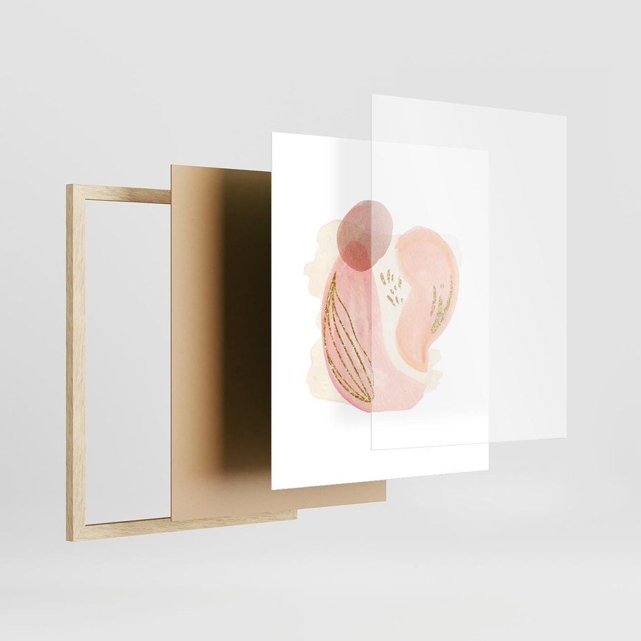 Plakat w ramie 40x50 - Impresje Przenikających Form - abstrakcyjne akwarelowe plamy, minimalizm - rama drewno