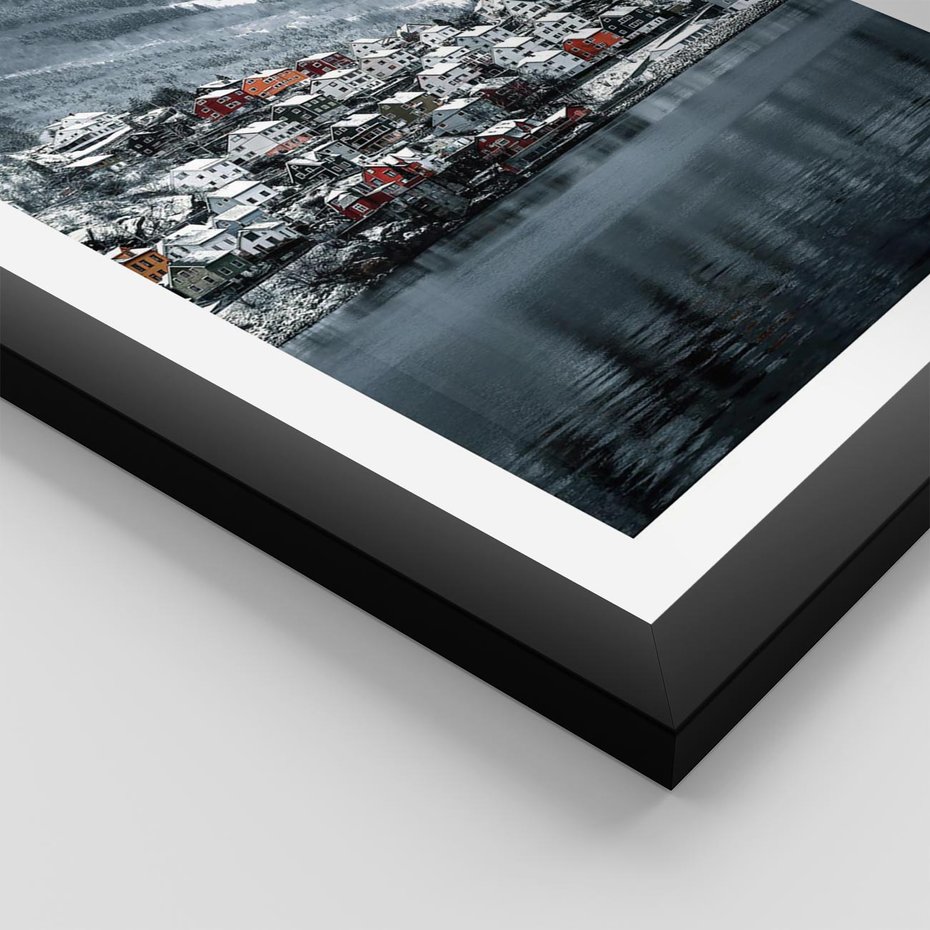 Plakat w ramie 30x40 - Skandynawia na Wzgórzach - domki na wzgórzu, skandynawia - rama czarna